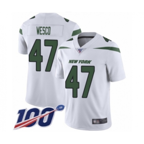 Men's New York Jets 47 Trevon Wesco White Vapor Untouchable Limited Player 100th Season Football Jersey