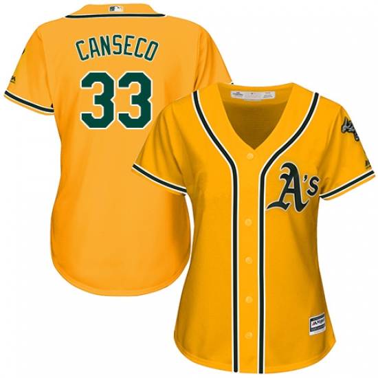 Women's Majestic Oakland Athletics 33 Jose Canseco Replica Gold Alternate 2 Cool Base MLB Jersey