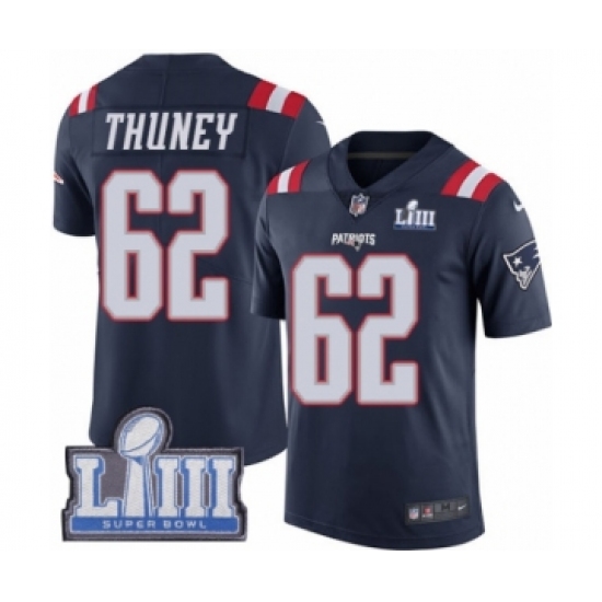 Youth Nike New England Patriots 62 Joe Thuney Limited Navy Blue Rush Vapor Untouchable Super Bowl LIII Bound NFL Jersey