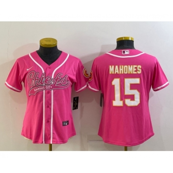Women's Kansas City Chiefs 15 Patrick Mahomes Pink White With Patch Cool Base Stitched Baseball Jersey