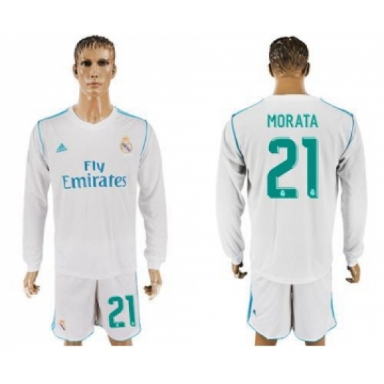 Real Madrid 21 Morata White Home Long Sleeves Soccer Club Jersey