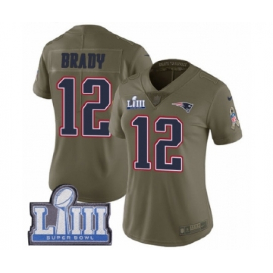 Women's Nike New England Patriots 12 Tom Brady Limited Olive 2017 Salute to Service Super Bowl LIII Bound NFL Jersey