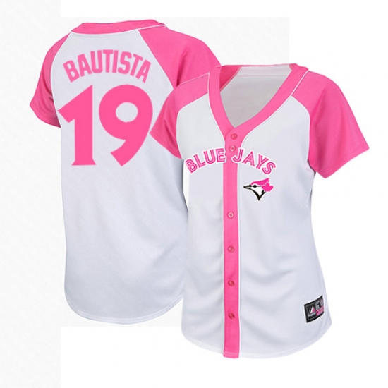 Women's Majestic Toronto Blue Jays 19 Jose Bautista Replica White/Pink Splash Fashion MLB Jersey
