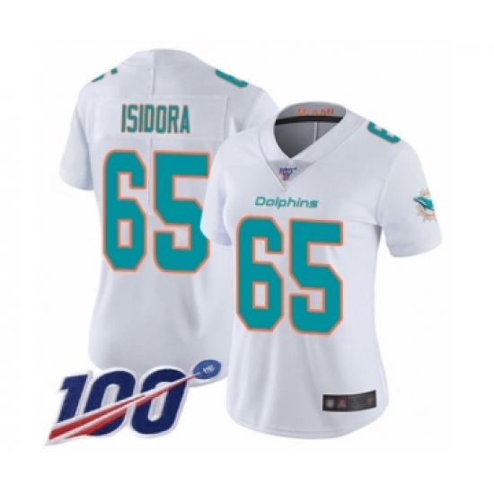 Women's Miami Dolphins 65 Danny Isidora White Vapor Untouchable Limited Player 100th Season Football Jersey