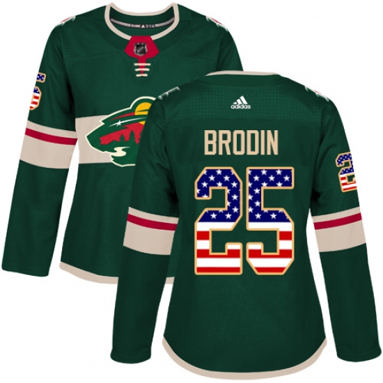 Women's Adidas Minnesota Wild 25 Jonas Brodin Authentic Green USA Flag Fashion NHL Jersey