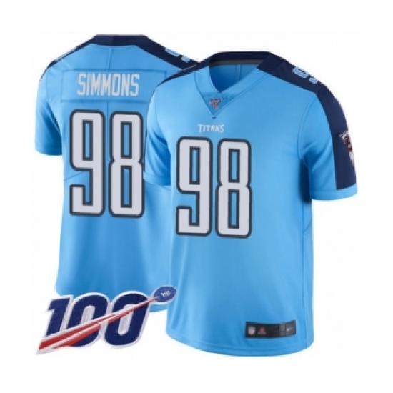 Men's Tennessee Titans 98 Jeffery Simmons Limited Light Blue Rush Vapor Untouchable 100th Season Football Jersey