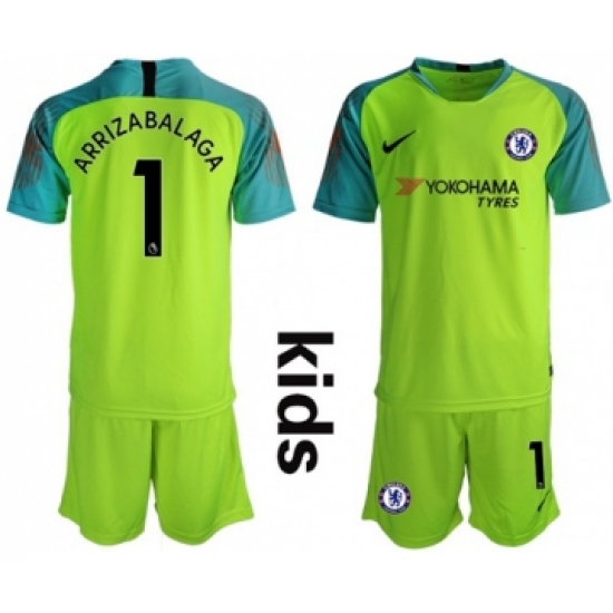 Chelsea 1 Arrizabalaga Shiny Green Goalkeeper Kid Soccer Club Jersey