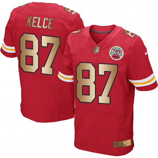 Men's Nike Kansas City Chiefs 87 Travis Kelce Elite Red/Gold Team Color NFL Jersey