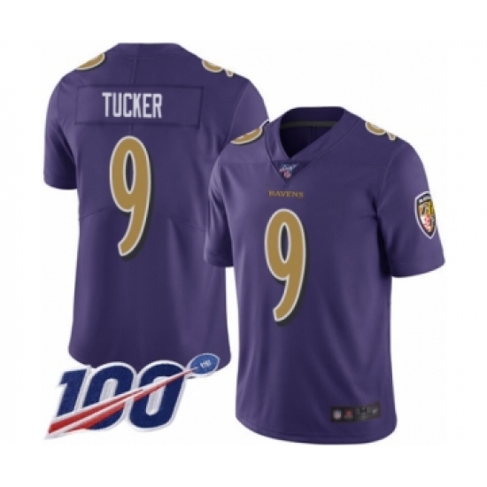 Men's Baltimore Ravens 9 Justin Tucker Limited Purple Rush Vapor Untouchable 100th Season Football Jersey