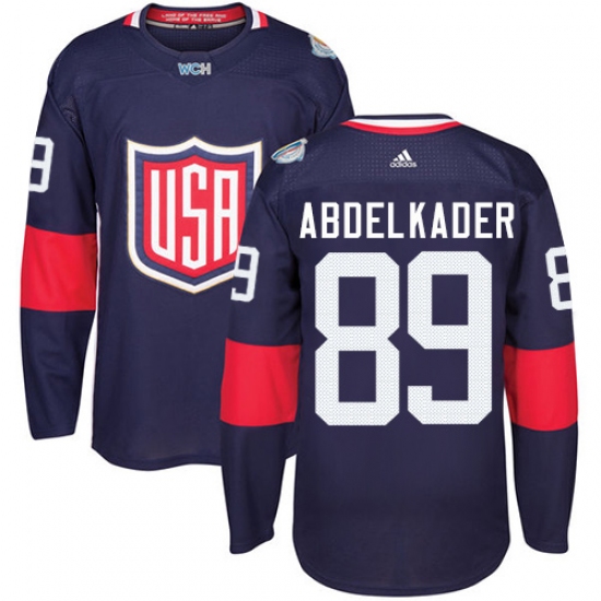 Men's Adidas Team USA 89 Justin Abdelkader Premier Navy Blue Away 2016 World Cup Ice Hockey Jersey