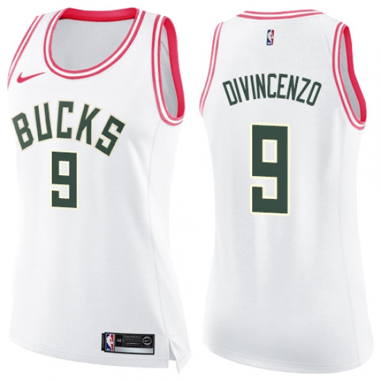 Women's Nike Milwaukee Bucks 9 Donte DiVincenzo Swingman White Pink Fashion NBA Jersey