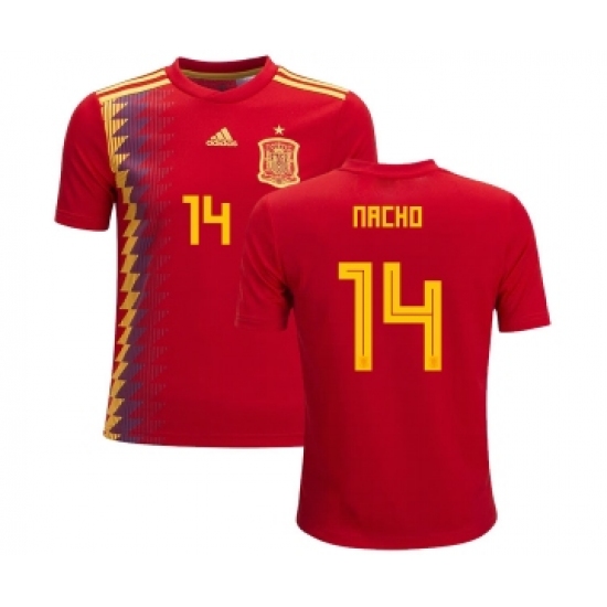 Spain 14 Nacho Red Home Kid Soccer Country Jersey