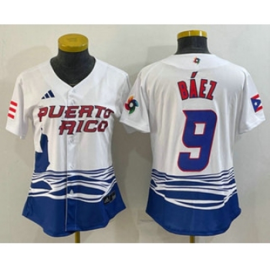 Women's Puerto Rico Baseball 9 Javier Baez White 2023 World Baseball Classic Stitched Jersey