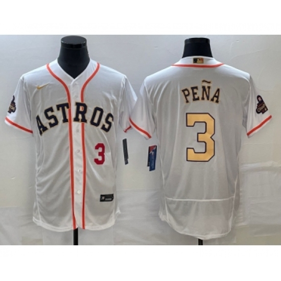 Men's Houston Astros 3 Jeremy Pena Number 2023 White Gold World Serise Champions Flex Base Stitched Jersey2