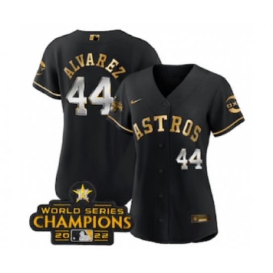Women's Houston Astros 44 Yordan Alvarez Black Gold 2022 World Serise Champions Stitched Baseball Jersey