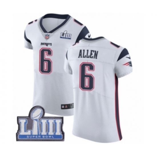 Men's Nike New England Patriots 6 Ryan Allen White Vapor Untouchable Elite Player Super Bowl LIII Bound NFL Jersey