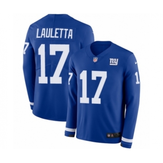 Men's Nike New York Giants 17 Kyle Lauletta Limited Royal Blue Therma Long Sleeve NFL Jersey