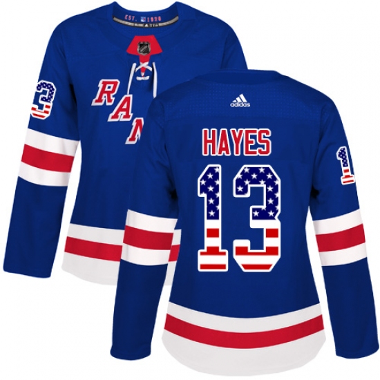 Women's Adidas New York Rangers 13 Kevin Hayes Authentic Royal Blue USA Flag Fashion NHL Jersey