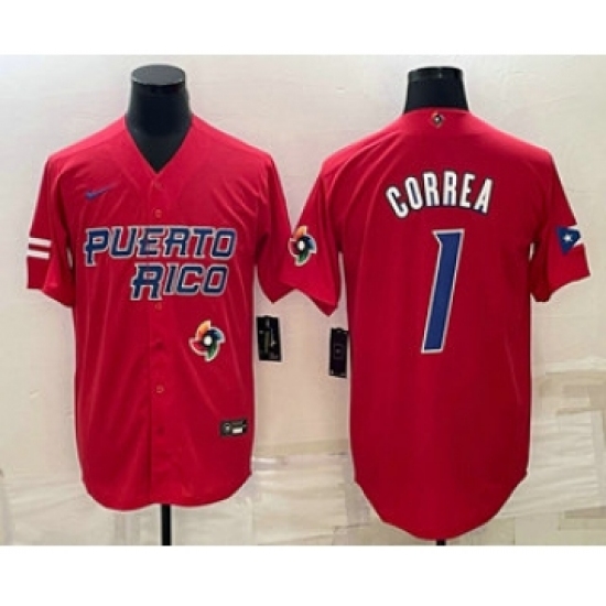 Men's Puerto Rico Baseball 1 Carlos Correa 2023 Red World Baseball Classic Stitched Jersey