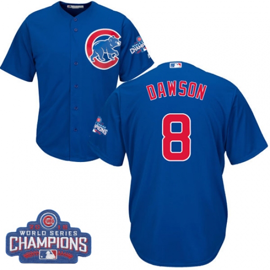 Youth Majestic Chicago Cubs 8 Andre Dawson Authentic Royal Blue Alternate 2016 World Series Champions Cool Base MLB Jersey
