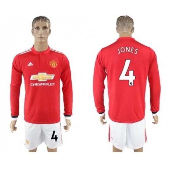 Manchester United 4 Jones Red Home Long Sleeves Soccer Club Jersey