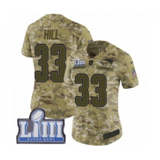 Women's Nike New England Patriots 33 Jeremy Hill Limited Camo 2018 Salute to Service Super Bowl LIII Bound NFL Jersey
