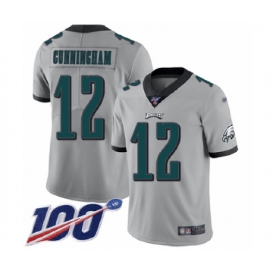 Men's Philadelphia Eagles 12 Randall Cunningham Limited Silver Inverted Legend 100th Season Football Jersey
