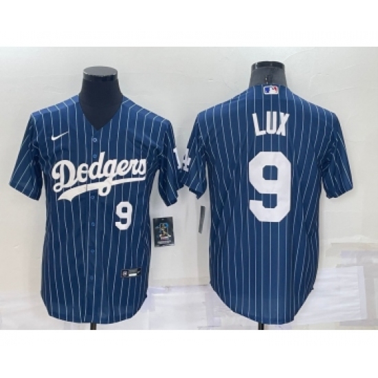 Men's Los Angeles Dodgers 9 Gavin Lux Number Navy Blue Pinstripe Stitched MLB Cool Base Nike Jersey