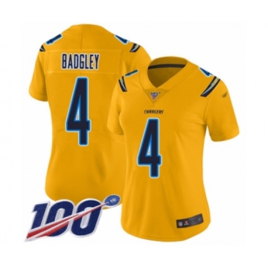 Women's Los Angeles Chargers 4 Michael Badgley Limited Gold Inverted Legend 100th Season Football Jersey