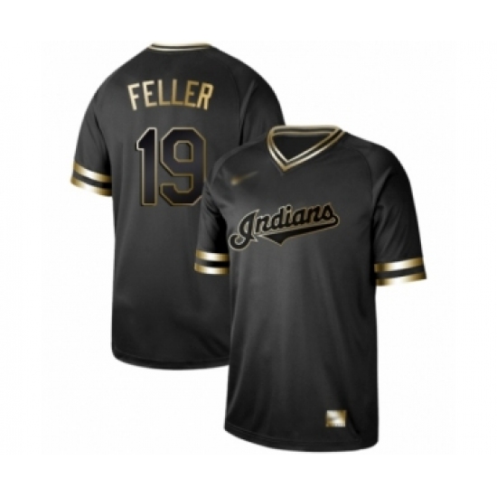 Men's Cleveland Indians 19 Bob Feller Authentic Black Gold Fashion Baseball Jersey