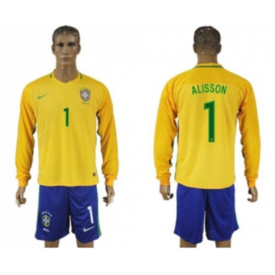 Brazil 1 Alisson Home Long Sleeves Soccer Country Jersey