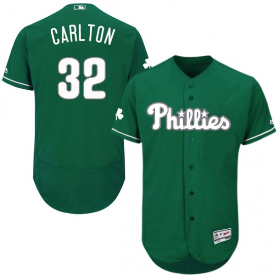 Men's Majestic Philadelphia Phillies 32 Steve Carlton Green Celtic Flexbase Authentic Collection MLB Jersey