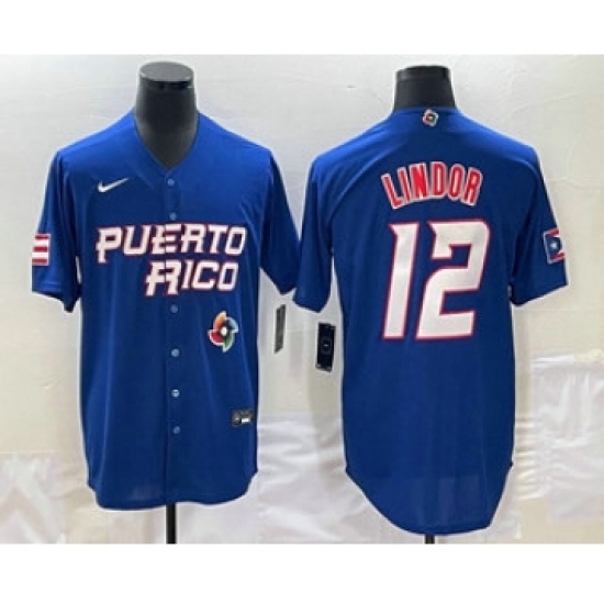 Men's Puerto Rico Baseball 12 Francisco Lindor 2023 Royal World Classic Stitched Jersey