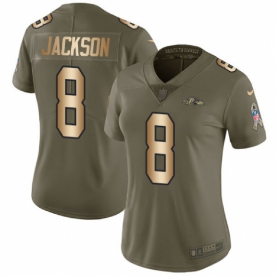 Women's Nike Baltimore Ravens 8 Lamar Jackson Limited Olive/Gold Salute to Service NFL Jersey