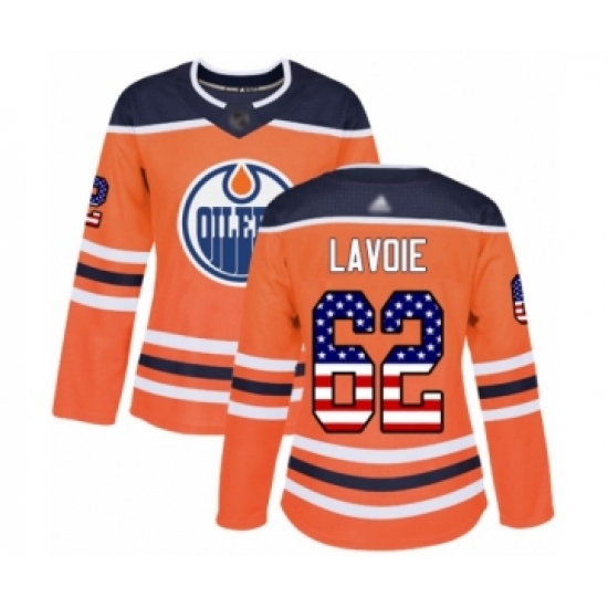 Women's Edmonton Oilers 62 Raphael Lavoie Authentic Orange USA Flag Fashion Hockey Jersey