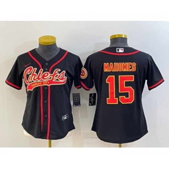 Women's Kansas City Chiefs 15 Patrick Mahomes Black With Patch Cool Base Stitched Baseball Jersey