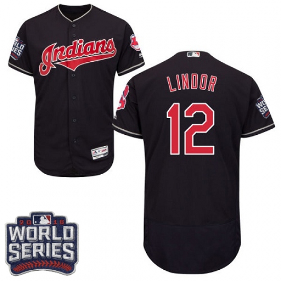 Men's Majestic Cleveland Indians 12 Francisco Lindor Navy Blue 2016 World Series Bound Flexbase Authentic Collection MLB Jersey