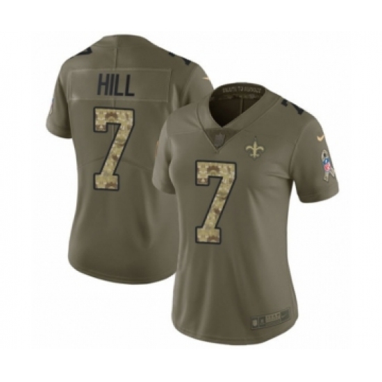 Women's Nike New Orleans Saints 7 Taysom Hill Limited Olive Camo 2017 Salute to Service NFL Jersey