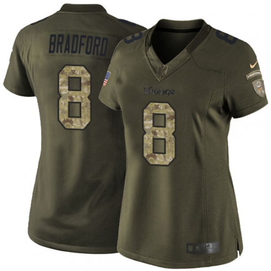 Women's Nike Minnesota Vikings 8 Sam Bradford Elite Green Salute to Service NFL Jersey