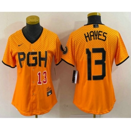 Women's Pittsburgh Pirates 13 KeBryan Hayes Number Yellow 2023 City Connect Stitched Jersey2