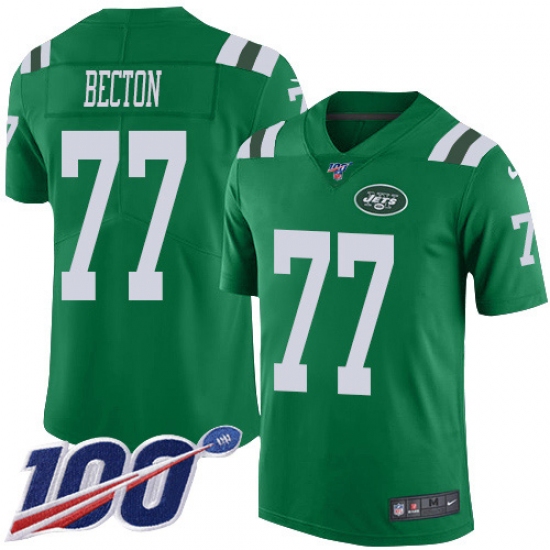 Men's New York Jets 77 Mekhi Becton Green Stitched Limited Rush 100th Season Jersey