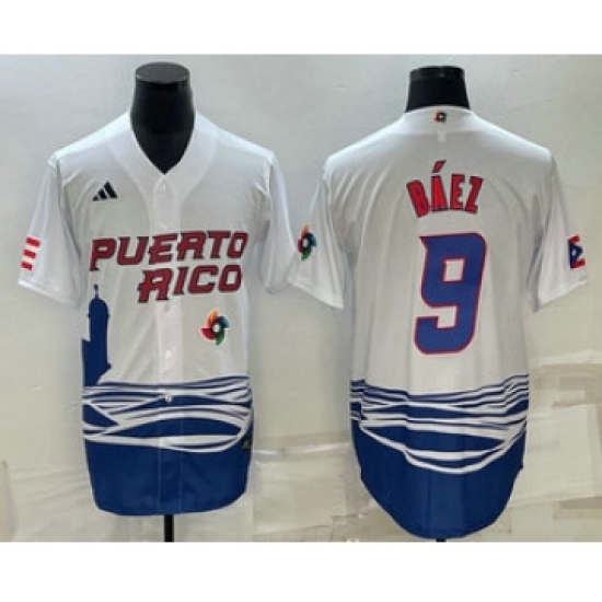 Men's Puerto Rico Baseball 9 Javier Baez White 2023 World Baseball Classic Stitched Jerseys