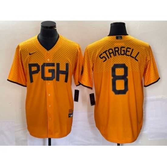 Men's Nike Pittsburgh Pirates 8 Willie Stargell Gold 2023 City Connect Stitched Jersey 1