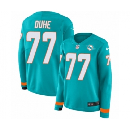 Women's Nike Miami Dolphins 77 Adam Joseph Duhe Limited Aqua Therma Long Sleeve NFL Jersey