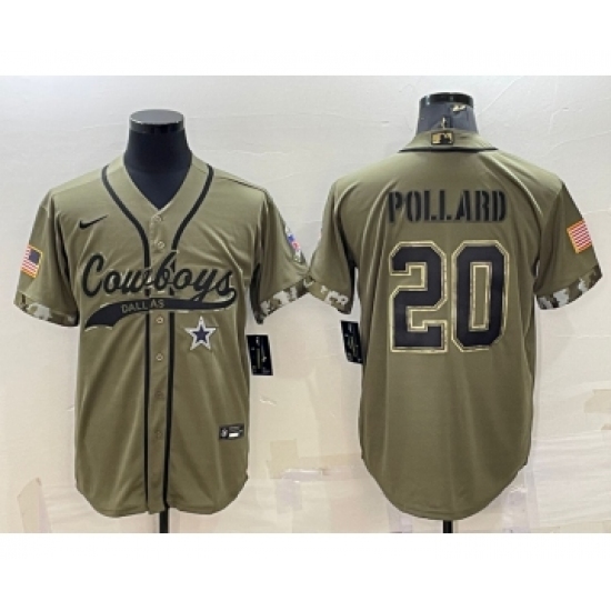 Men's Dallas Cowboys 20 Tony Pollard 2022 Olive Salute to Service Cool Base Stitched Baseball Jersey