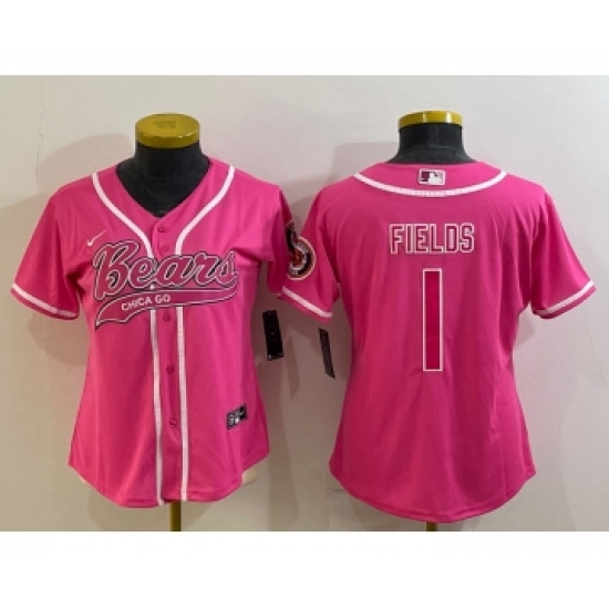 Women's Chicago Bears 1 Justin Fields Pink With Patch Cool Base Stitched Baseball Jersey