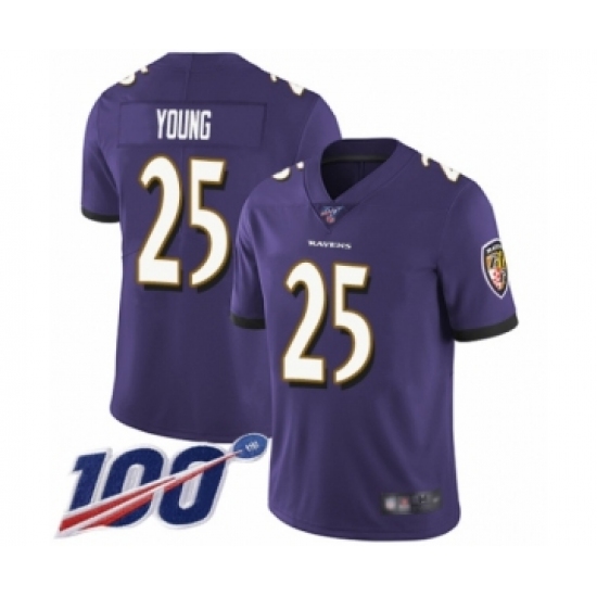 Men's Baltimore Ravens 25 Tavon Young Purple Team Color Vapor Untouchable Limited Player 100th Season Football Jersey
