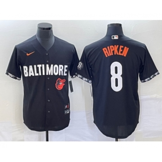 Men's Baltimore Orioles 8 Cal Ripken Jr Black 2023 City Connect Cool Base Stitched Jersey 1