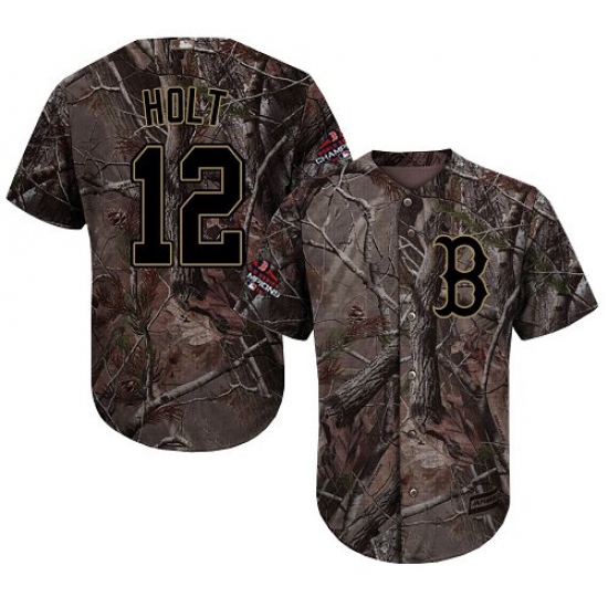 Men's Majestic Boston Red Sox 12 Brock Holt Authentic Camo Realtree Collection Flex Base 2018 World Series Champions MLB Jersey