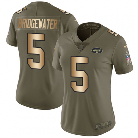 Women's Nike New York Jets 5 Teddy Bridgewater Limited Olive Gold 2017 Salute to Service NFL Jersey